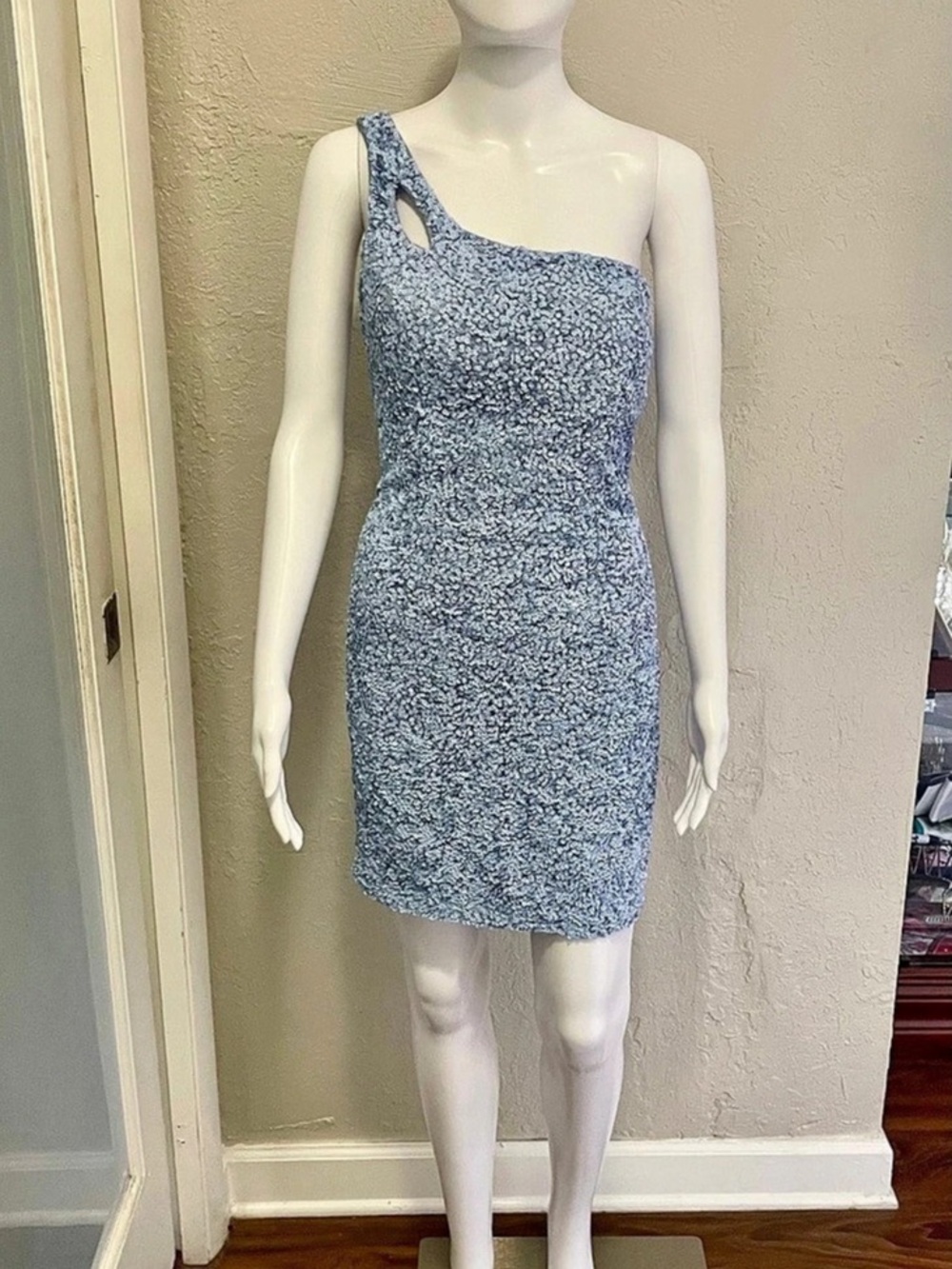 Primavera Blue Sequined One Shoulder Mini Dress